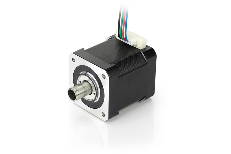NEMA 17 hollow-shaft stepper motor with second shaft end and many options: encoders and motor controllers /drives. High torque. See also custom solutions